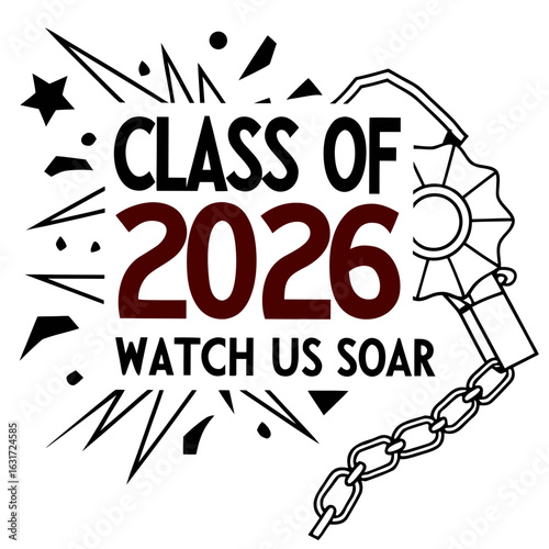 Class of 2026 with star burst and broken chain isolated on white background