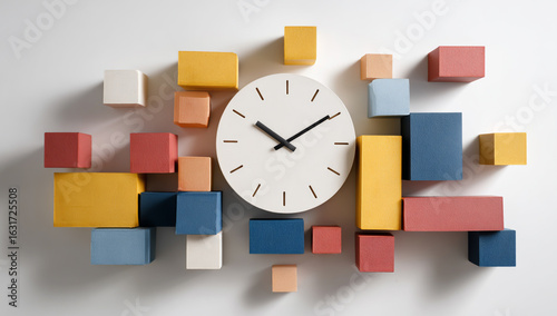A clock on the wall, with blocks of different colors and sizes in front, representing time management or productivity, isolated on a white background without shadows