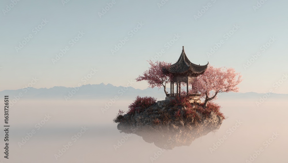 Naklejka premium Tranquil Asian gazebo on a floating island