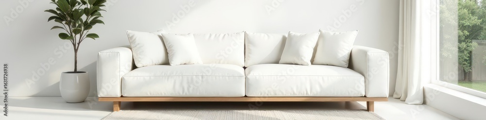 Obraz premium Crisp white linen sofa in bright modern space Neutral palette, sleek lines , bright, airy, home