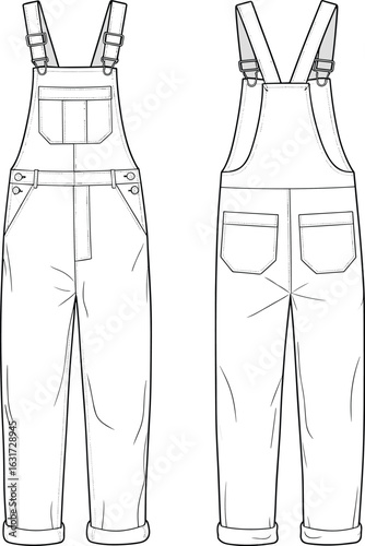 Front and back flat sketch of denim overalls, fashion technical drawing, vector template, bib pants design, casual workwear illustration, apparel design blueprint