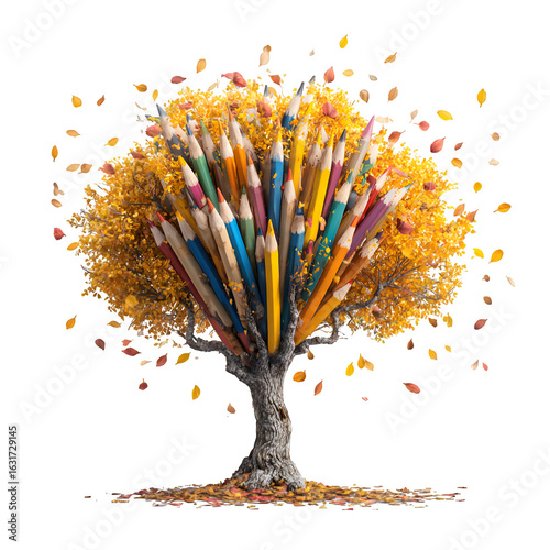 Tree made of pencils with falling leaf erasers, academic season transition, isolated on transparent background