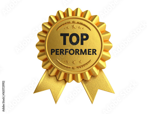 Golden Top Performer award rosette with scalloped edges and engraved stars A shiny metallic medal with two textured ribbons symbolizing excellence.