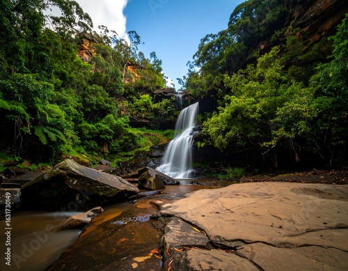 Lush waterfall cascading down rocky terrain