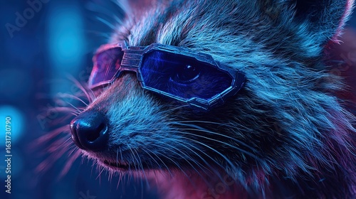 A raccoon wearing futuristic VR glasses with neon blue highlights stands in a dark cyberpunk environment rendered with cinematic lighting and ultra-detailed fur textures.