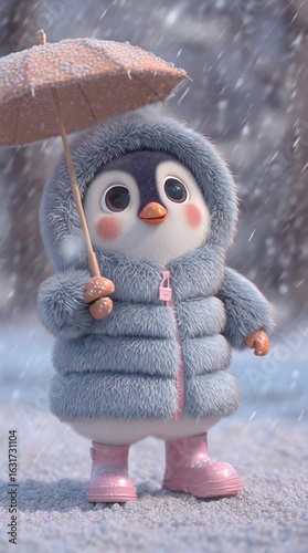 Cute penguin with umbrella in fluffy winter coat enjoying snowfall in a cozy winter wonderland
