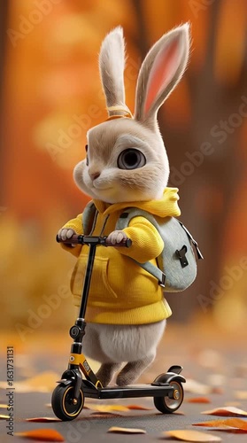 Cute rabbit rides scooter in colorful autumn park with playful energy and cheerful spirit