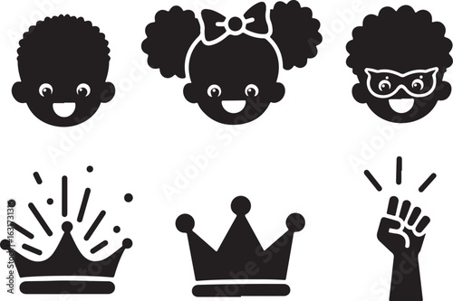 Joyful children's faces and royal crowns graphic icons