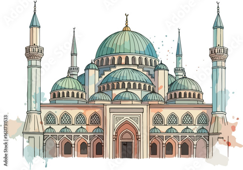 water colour illustration of a mosque in isolated on white background