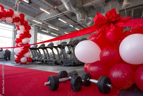 Grand opening of a modern gym with red carpet, balloons, ribbon cutting, and dumbbells ready for fitness enthusiasts