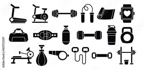 Fitness Gym Equipment Icons Black and White Color Simple Line Vector Design Illustration Collections Set