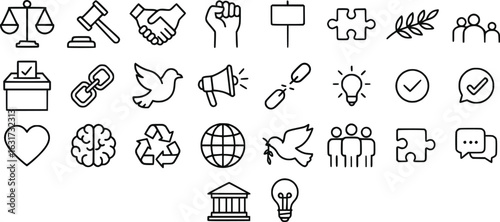 Set of icons set featuring scales of justice, gavel, handshake, raised fist, ballot box, chain link, dove, megaphone, broken chain, lightbulb, checkmark , Concept of justice, law, peace, activism 