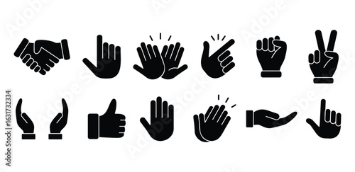 Black Hand Gesture Icon Handshake, Clap, Thumbs, Victory, Symbol Sign Vector Design on White Background