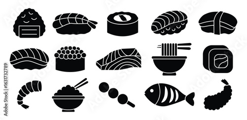Japanese Food Pixel Icons Black And White Color, Ramen, Sushi, Fish, Roll, Teriyaki, Asian, Symbol Vector Design Illustrations