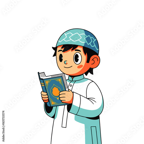 A young boy wearing a kufi is reading the Quran with a gentle smile on his face.