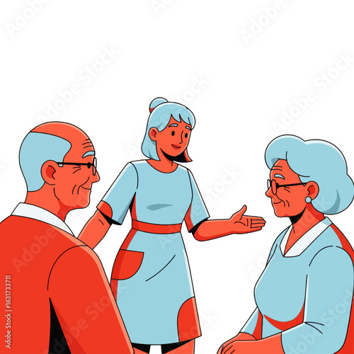 Young woman explaining something to two elderly people, a heartwarming intergenerational scene.