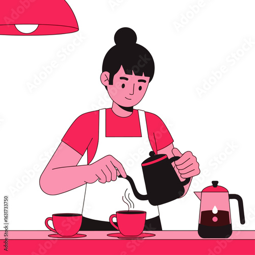 A barista carefully pours hot coffee from a black kettle into a red cup.