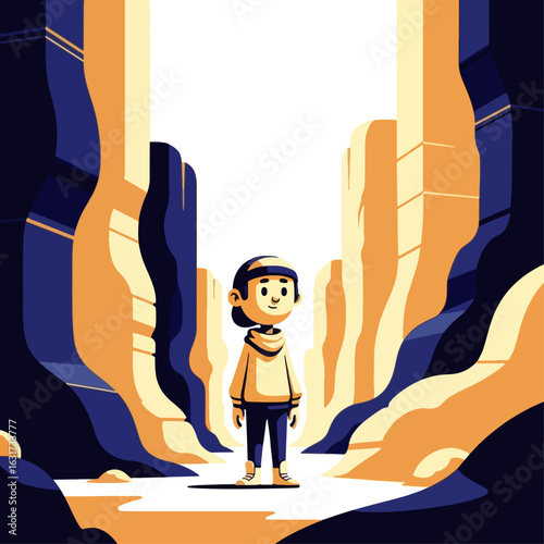A stylized illustration of a child standing in a canyon, looking forward, with geometric rock formations surrounding them.