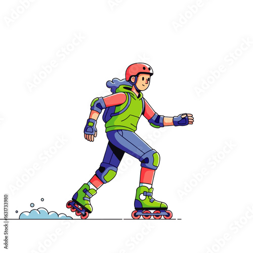 Cartoon illustration of a young person roller skating with protective gear and a backpack.