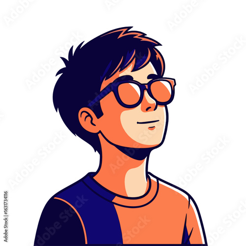 A cartoon illustration of a young man wearing glasses, looking upwards with a smile.
