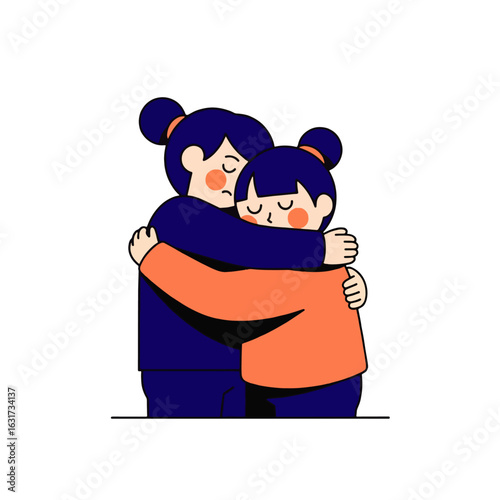 Two cartoon figures embracing, offering comfort and support, showing affection.