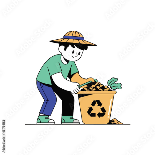 Person wearing a hat composting organic waste in a yellow bin with a recycling symbol.