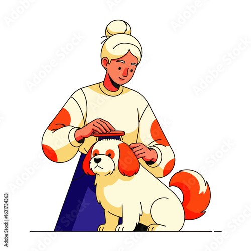 Woman brushes a fluffy dog with red ears and tail, cartoon style, against a white background.