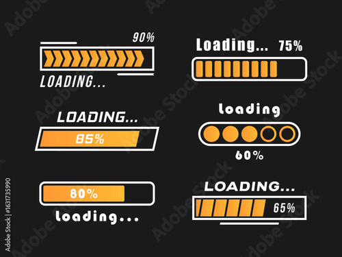 Loading bar progress icons isolated on black | Premium Vector