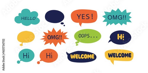 comic bubble, colorful cartoon speech text bubble set with bold phrases like hello hi omg welcome yes oops in modern playful style for communication design and fun messaging

