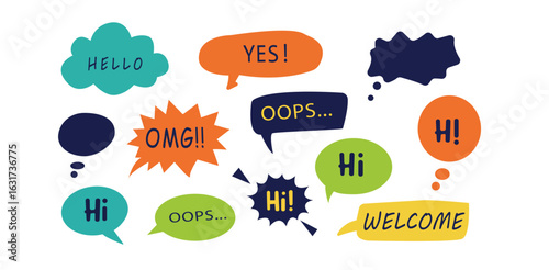 speech bubble vector, colorful comic chat icons with phrases like hi hello yes omg oops welcome in fun cartoon style for communication doodle elements and playful design use

