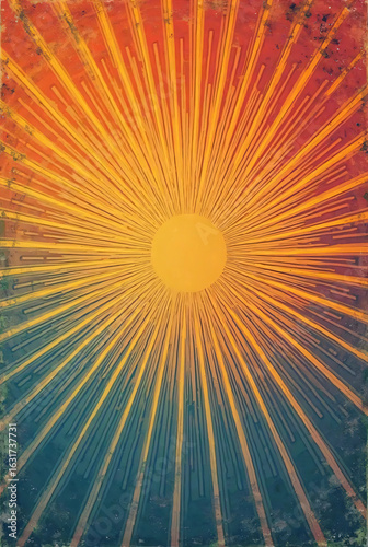 An explosion of bright yellow and orange sun rays bursts across an abstract background, creating a warm vector illustration