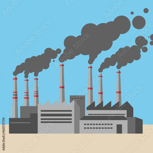 Industrial landscape with smokestacks emitting pollution against a clear blue sky