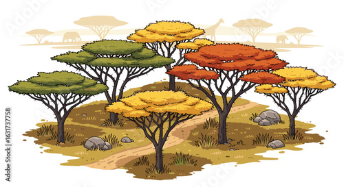 A charming vector illustration depicts a vibrant cluster of colorful acacia trees with a winding path in a serene African savanna, hinting at wildlife.