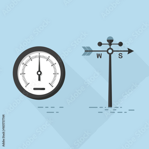 A vintage barometer and a directional weather vane against a clear blue background