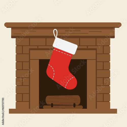 Cozy Christmas fireplace with a red stocking hanging, festive atmosphere