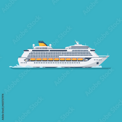 A vibrant cruise ship sailing through calm waters with a clear blue sky in the background