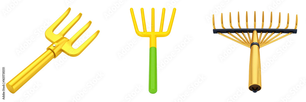 3D Plastic Style Illustration of Three Gardening Tools Rake and Pitchfork with Gold Yellow and Green Color Elements on Transparent Background 3D Plastic Style Illustration of Three Gardening Tools Rake and Pitchfork with Gold Yellow and Green Color Elements on Transparent Background