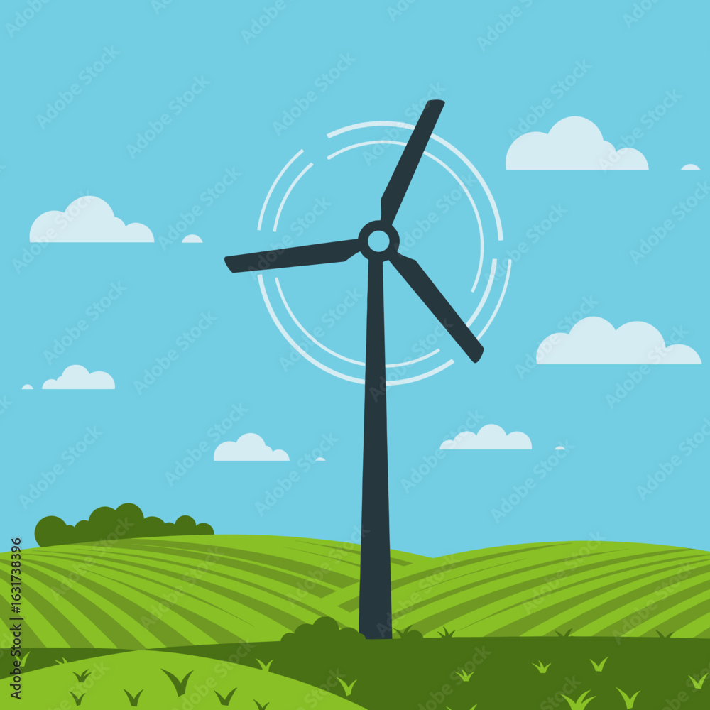Obraz premium A stylized wind turbine spinning against a bright blue sky with fluffy clouds, symbolizing renewable energy