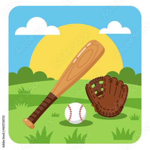 A vibrant illustration of a baseball bat and glove against a sunny landscape