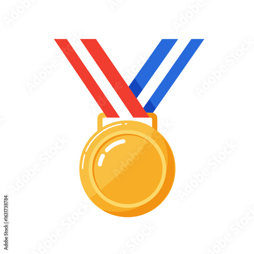 Golden medal with red and blue ribbons symbolizing victory in sports competition