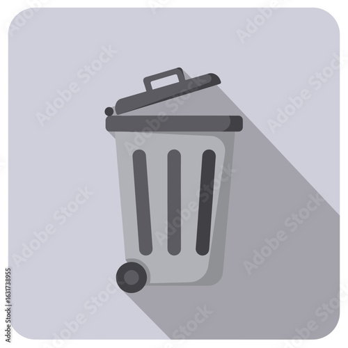Urban trash bin overflowing with litter, surrounded by a busy city street scene