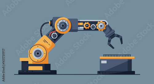 Robotic Arm in Industrial Setting Engaging with a Container on a Workbench