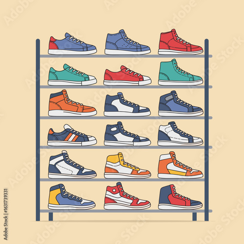 Colorful array of sneakers displayed on a shelf in a minimalist setting