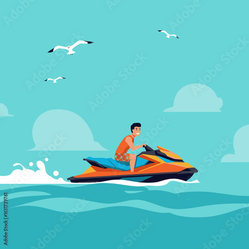 Young man joyfully riding a jet ski on a sunny day with seagulls flying overhead