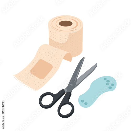 A roll of bandage with scissors and a blue adhesive pad on a clean white background