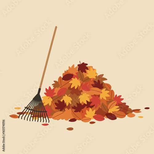 A person raking a vibrant pile of autumn leaves in a serene outdoor setting