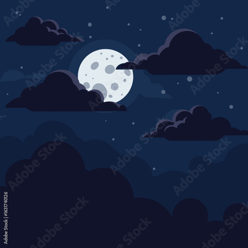 A serene night sky featuring a bright full moon surrounded by fluffy clouds