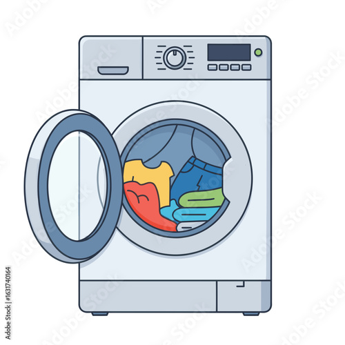 A modern washing machine filled with colorful clothes, set against a clean background