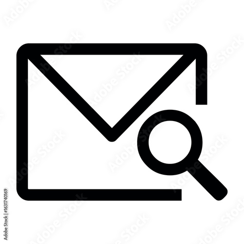 A simple black and white line drawing of an email with a magnifying glass on the right side