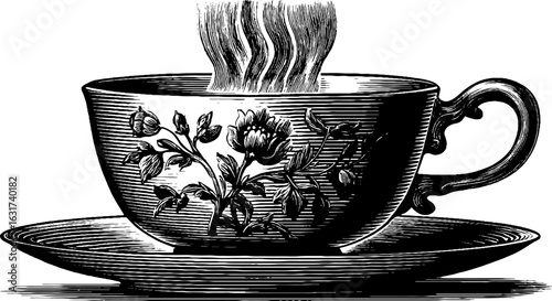 Vintage engraved teacup with rising steam and floral design for retro decor